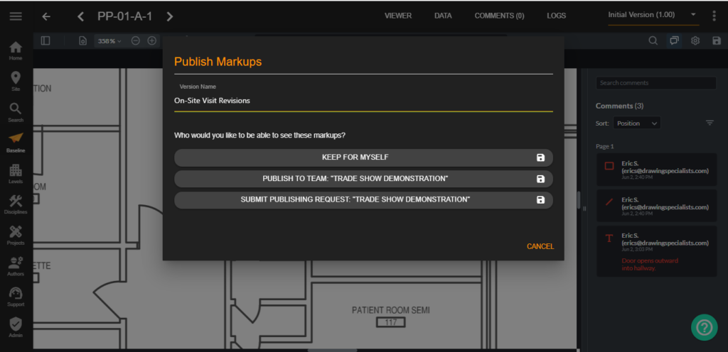 echo Markup Tool UI, showing options for publishing markups on a drawing.